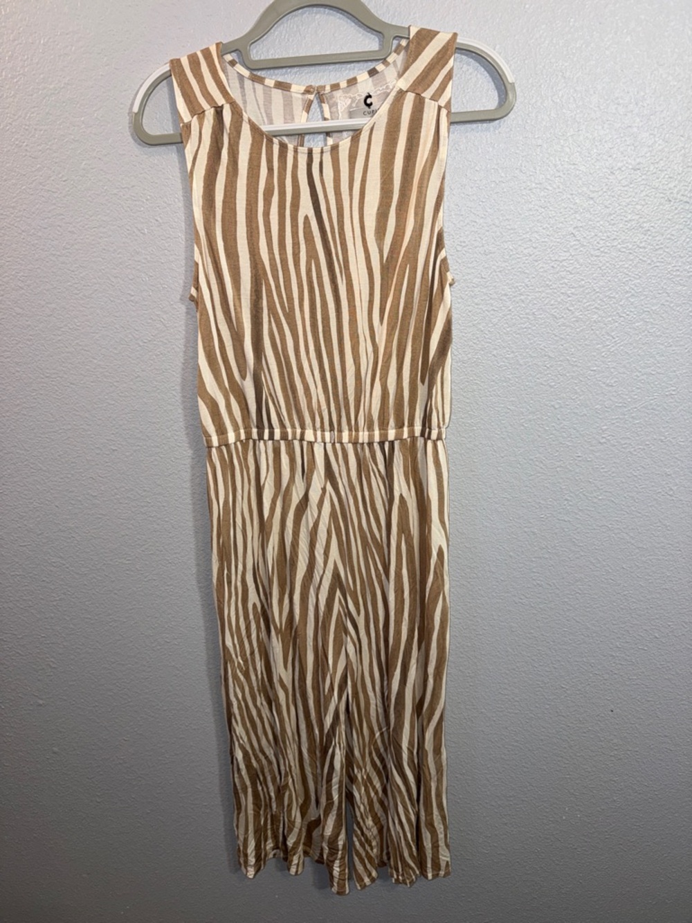 Sleeveless Zebra-Stripe Midi Romper in Cream,Tan, & Briwn
